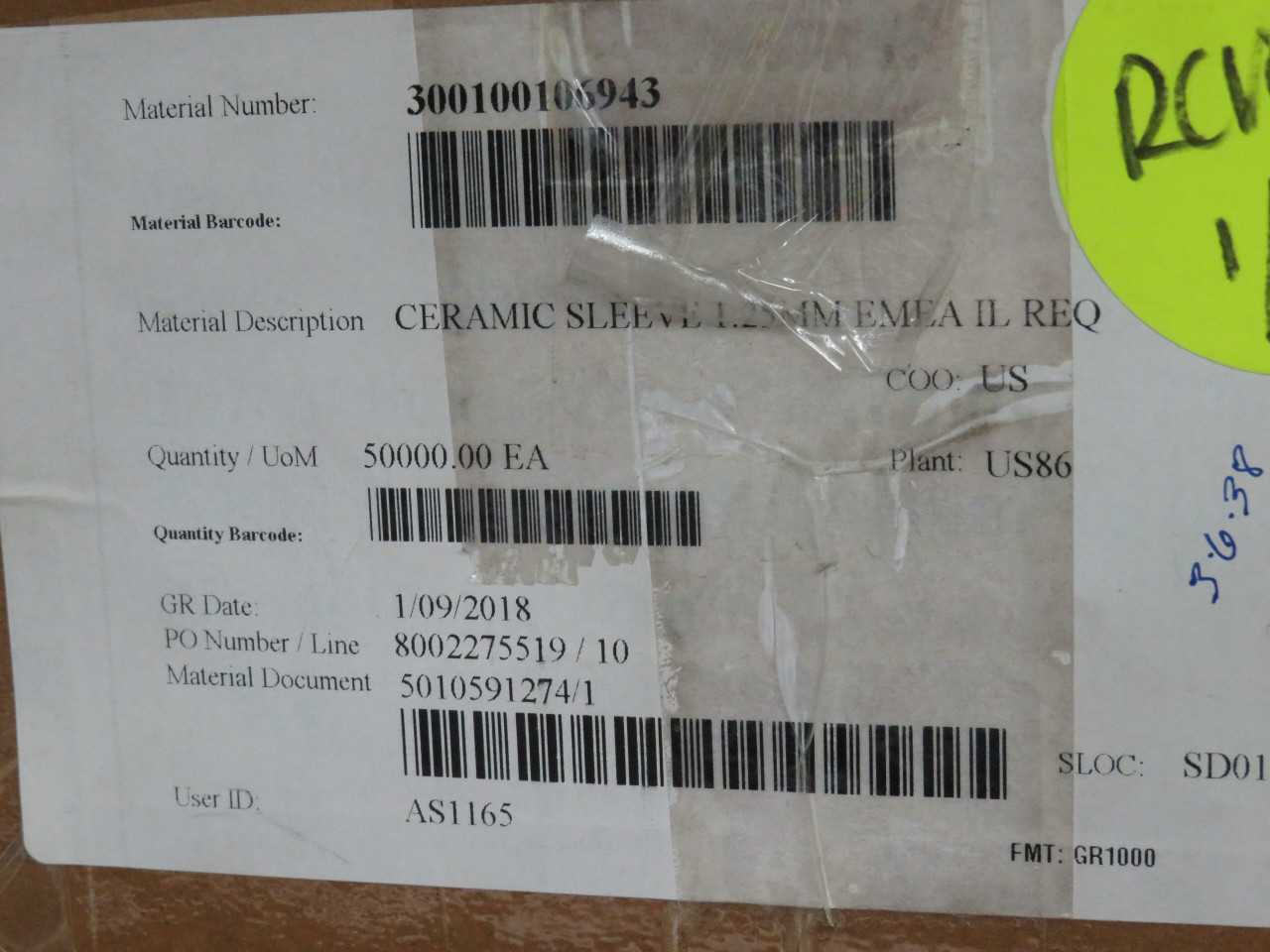 LOT OF 48000 SUZHOU TFC OPTICAL COMMUNICATION 300100106943 CERAMIC SLEEVE 1.25MM EMEA IL TREQ T19068 - FIBER OPTIC CABLE